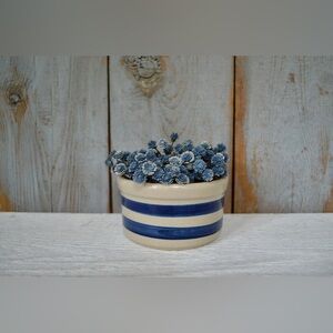 Antique farmhouse light grey gray navy blue stripe clay container crock